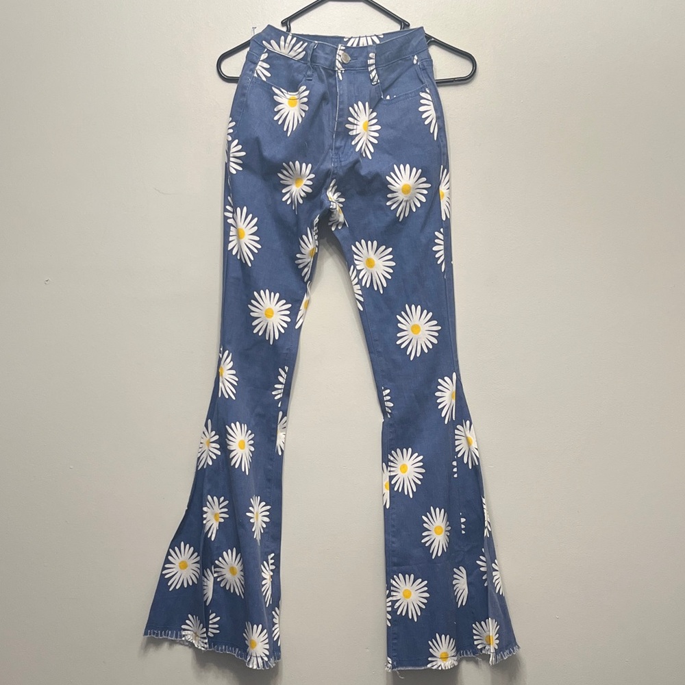 Altar'd State Blue Flare Jeans with Daisy Print